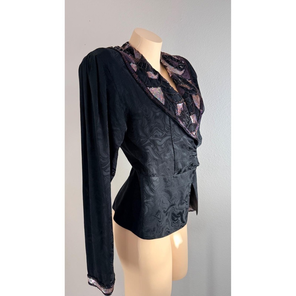 Vintage Silk Beaded Sequin Jacquard Evening Blazer Black Long Sleeve Jacket - Picture 5 of 14